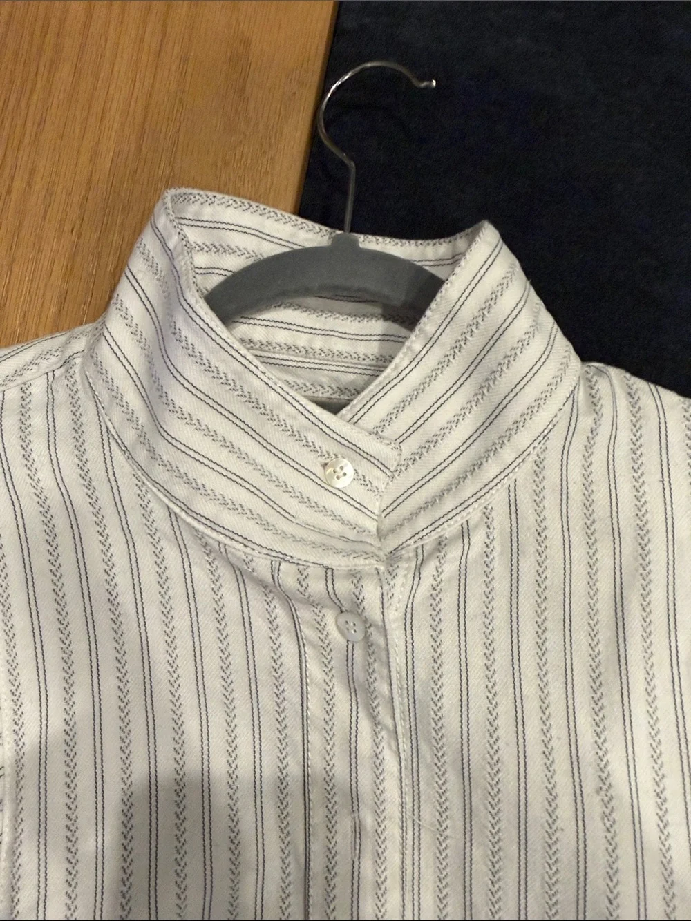 Banana Republic White Shirt with Navy Pinstripes and High Collar